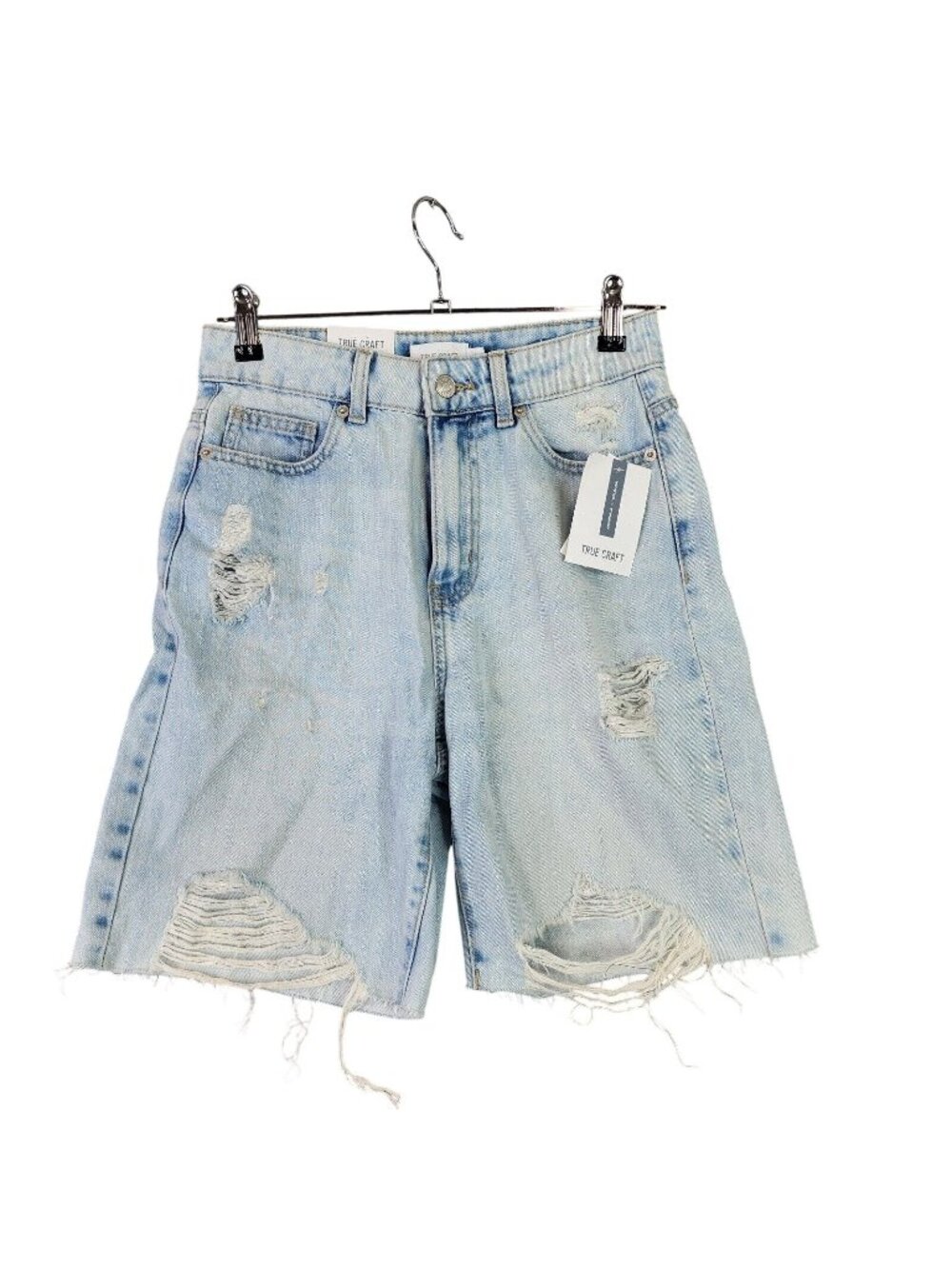 Womens TRUE CRAFT Distressed Blue Denim Shorts 8" Inseam Cut Fringed Hem Size 3